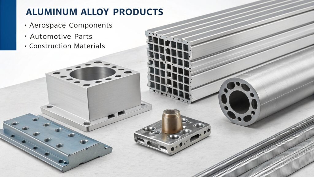 An image showcasing diverse products made from 6xxx series aluminum, such as window frames, a truck side panel, and possibly a bicycle frame, emphasizing their structural and versatile nature.